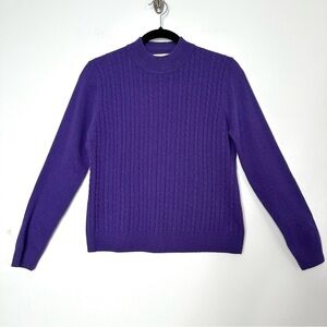Quiet Luxury Purple 100% Cashmere Cable Knit Mock Neck Sweater Preppy Old Money